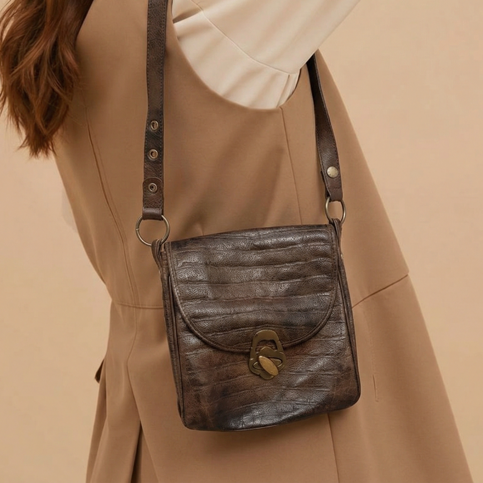 Vintage Leather Croc Textured Bag